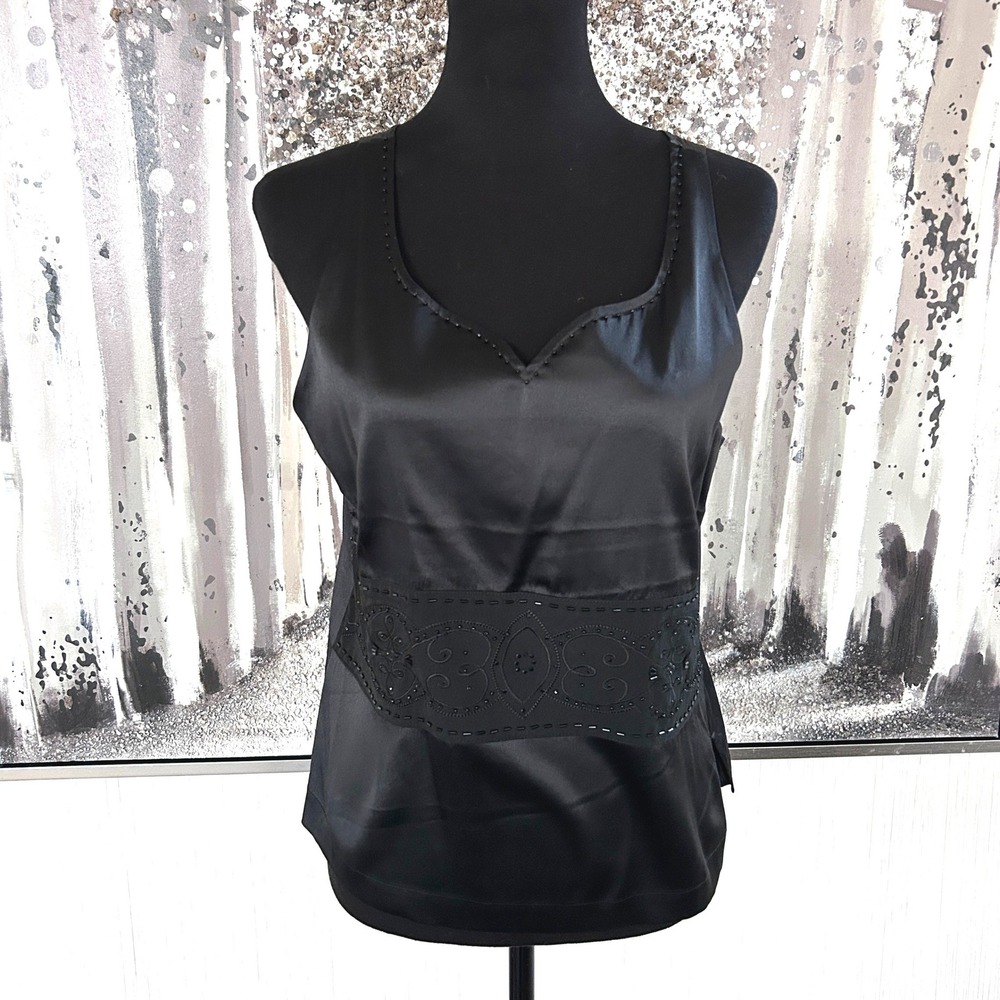 Thalia Sodi Womens Black Beaded Sleeveless V-Neck Silk Blend‎ Top - Large